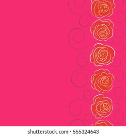 Can be use as digital paper, fills or print off onto fabric. Seamless pattern with vertical stylized orange, pink and purple roses. Vintage floral background with copy space (place for your text).