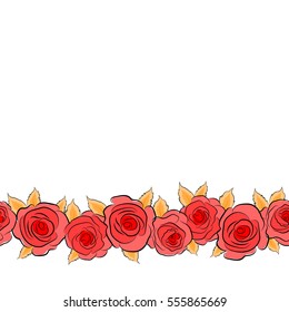 Can be use as digital paper, fills or print off onto fabric. Seamless pattern with horizontal stylized orange and red roses. Vintage floral background with copy space (place for your text).