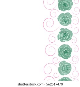 Can be use as digital paper, fills or print off onto fabric. Seamless pattern with vertical stylized green and pink roses. Vintage floral background with copy space (place for your text).