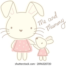 Can be used for baby t-shirt print, fashion print design, kids wear, baby shower, celebration, greeting and invitation. Mother and baby bunnies holding hands.