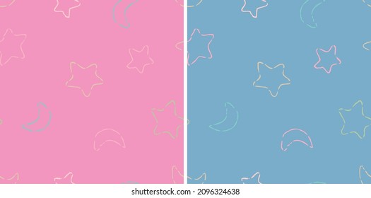 Can be used for baby t-shirt print, fashion print design, kids wear, baby shower, celebration, greeting and invitation. Seamless moon and star pattern.