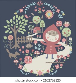 It can be used for baby t-shirt print, fashion print design, kids wear, baby shower, celebration, greeting and invitation, with a fairy tale illustration of Little Red Riding Hood.