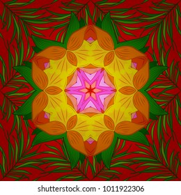 Can be used for brochures invitations, persian motif. Islamic colored mandala round ornament on green, red and orange colors. Vector architectural muslim texture design.