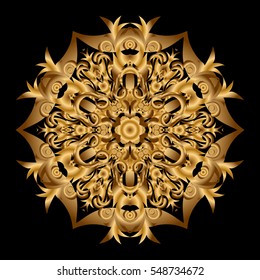 Can be used for brochures invitations, persian motif. Islamic gold mandala round ornament on black background. Vector architectural muslim texture design.
