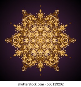 Can be used for brochures invitations, persian motif. Islamic gold mandala round ornament on violet background. Vector architectural muslim texture design.