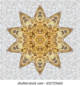 Can be used for brochures invitations, persian motif. Islamic gold mandala round ornament on gray background. Vector architectural muslim texture design.