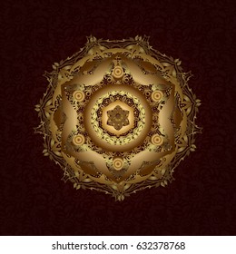 Can be used for brochures invitations, persian motif. Islamic gold mandala round ornament on brown background. Vector architectural muslim texture design.