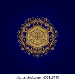 Can be used for brochures invitations, persian motif. Islamic gold mandala round ornament on blue background. Vector architectural muslim texture design.