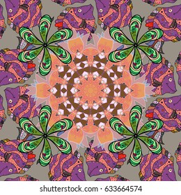 Can be used for brochures invitations, persian motif. Islamic colored mandala round ornament on gray background. Vector architectural muslim texture design.