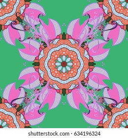 Can be used for brochures invitations, persian motif. Islamic colored mandala round ornament on green background. Vector architectural muslim texture design.
