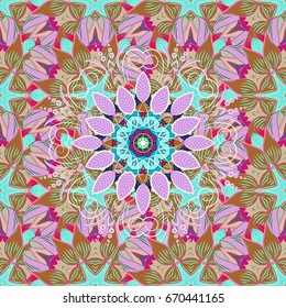 Can be used for brochures invitations, persian motif. Islamic colored mandala round ornament on colorful background. Vector architectural muslim texture design.