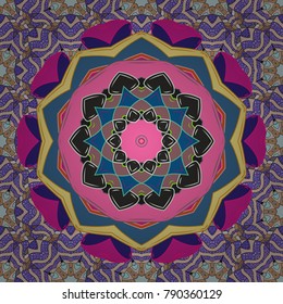 Can be used for brochures invitations, persian motif. Islamic colored mandala round ornament on violet, beige and pink colors. Vector architectural muslim texture design.