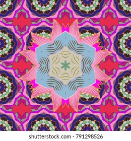 Can be used for brochures invitations, persian motif. Islamic colored mandala round ornament on pink, violet and magenta colors. Vector architectural muslim texture design.