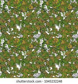 Can be used for cards, invitations, save the date cards and many more. Seamless decorative background. Doodles. Vector illustration. On green, black and yellow colors.