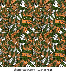 Can be used for cards, invitations, save the date cards and many more. On green, black and orange colors. Vector illustration. Doodles. Seamless decorative background.