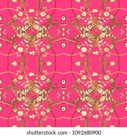 Can be used for cards, invitations, save the date cards and many more. On pink, brown and yellow colors. Seamless decorative background. Vector illustration. Doodles.
