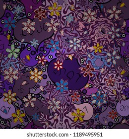 Can be used for cards, invitations, save the date cards and many more. Vector illustration. On purple, neutral and black colors. Seamless decorative background. Doodles.