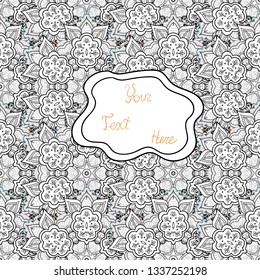 Can be used for cards, invitations, save the date cards and many more. Vector illustration. On black, gray and white colors. Seamless decorative background. Doodles.