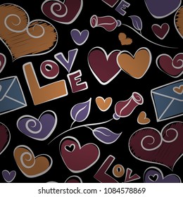It can be used to create prints, packaging, invitations, simple designs. Creative vector background is made up of rose flower, hearts and love text in white, black and orange colors.