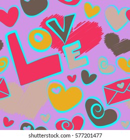 It can be used to create prints, packaging, invitations, simple designs. Creative vector background is made up of hearts and love text in yellow and pink colors.