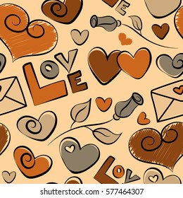 It can be used to create prints, packaging, invitations, simple designs. Creative vector background is made up of hearts, flower and love text over beige backdrop.