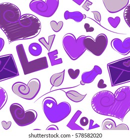 It can be used to create prints, packaging, invitations, simple designs. Creative vector background is made up of hearts and flower in violet and purple colors.