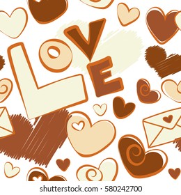 It can be used to create prints, wrapping, textile. Cute seamless pattern for kids, girls and boys. Creative vector background is made up of hearts and love letter in brown and orange colors.