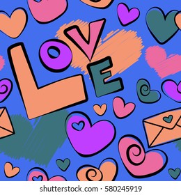 It can be used to create prints, wrapping, textile. Cute seamless pattern for kids, girls and boys. Creative vector background is made up of hearts and love letter over blue backdrop.