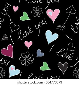It can be used to create prints, wrapping, textile. Cute seamless pattern for kids, girls and boys. Creative vector background is made up of hearts and flower in purple and pink colors.