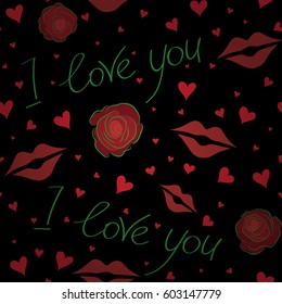 It can be used to create prints, wrapping, textile. Cute seamless pattern for kids, girls and boys. Creative vector background is made up of hearts and flower in green and red colors.