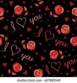 It can be used to create prints, wrapping, textile. Cute seamless pattern for kids, girls and boys. Creative vector background is made up of hearts and flower in orange and red colors.