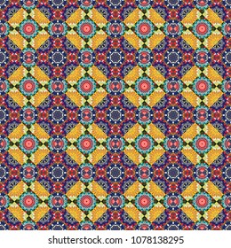 It can be used in the design of textiles, in the printing industry. Vector illustration. Kaleidoscopic seamless pattern in violet, yellow and blue colors.