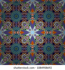 It can be used in the design of textiles, in the printing industry. Vector illustration. Kaleidoscopic seamless pattern in blue, green and violet colors.
