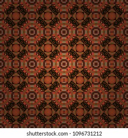 It can be used in the design of textiles, in the printing industry. Vector illustration. Kaleidoscopic in orange, brown and black colors.