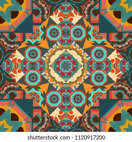It can be used in the design of textiles, in the printing industry. Vector illustration. Kaleidoscopic seamless pattern in orange, brown and blue colors.