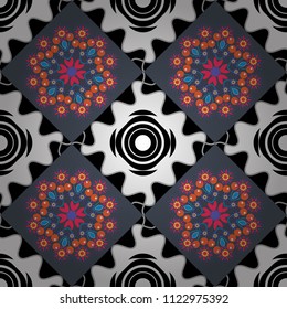 It can be used in the design of textiles, in the printing industry. Vector illustration. Kaleidoscopic seamless pattern in gray, white and black colors.