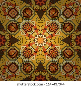 It can be used in the design of textiles, in the printing industry. Vector illustration. Kaleidoscopic seamless pattern in orange, yellow and brown colors.