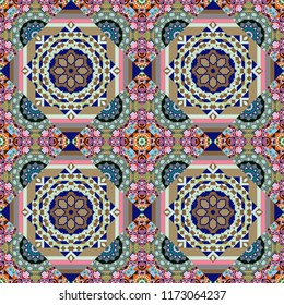 It can be used in the design of textiles, in the printing industry. Vector illustration. Kaleidoscopic seamless pattern in brown, blue and gray colors.