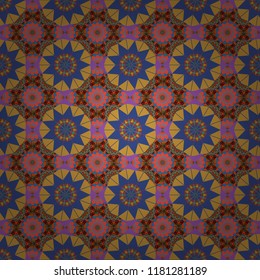 It can be used in the design of textiles, in the printing industry. Vector illustration. Kaleidoscopic seamless pattern in violet, yellow and brown colors.
