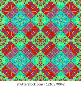 It can be used in the design of textiles, in the printing industry. Vector illustration. Kaleidoscopic seamless pattern in green, red and neutral colors.