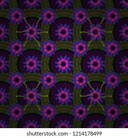 It can be used in the design of textiles, in the printing industry. Vector illustration. Kaleidoscopic seamless pattern in green, black and violet colors.
