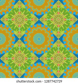 It can be used in the design of textiles, in the printing industry. Kaleidoscopic seamless pattern in green, blue and orange colors. Vector illustration.
