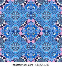 It can be used in the design of textiles, in the printing industry. Kaleidoscopic seamless pattern in blue, violet and pink colors. Vector illustration.