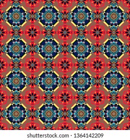 It can be used in the design of textiles, in the printing industry. Kaleidoscopic seamless pattern in black, brown and blue colors. Vector illustration.