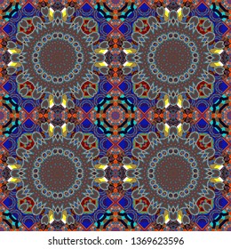 It can be used in the design of textiles, in the printing industry. Kaleidoscopic seamless pattern in brown, blue and gray colors. Vector illustration.