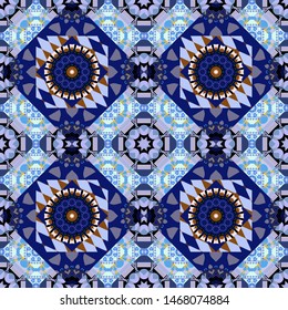 It can be used in the design of textiles, in the printing industry. Kaleidoscopic seamless pattern in blue, black and violet colors. Vector illustration.