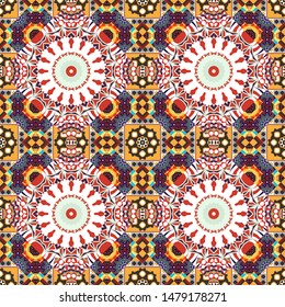 It can be used in the design of textiles, in the printing industry. Kaleidoscopic seamless pattern in white, red and brown colors. Vector illustration.