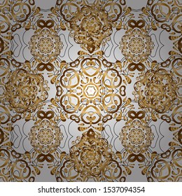Can be used for digital paper, textile print, page fill. Vector seamless pattern in Christmas traditional colors. Abstract background with golden geometric ornament.