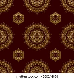 Can be used for digital paper, textile print, page fill. Vector seamless pattern in Christmas traditional colors. Abstract brown background with golden geometric ornament.