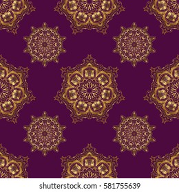 Can be used for digital paper, textile print, page fill. Vector seamless pattern in Christmas traditional colors. Abstract purple background with golden geometric ornament.